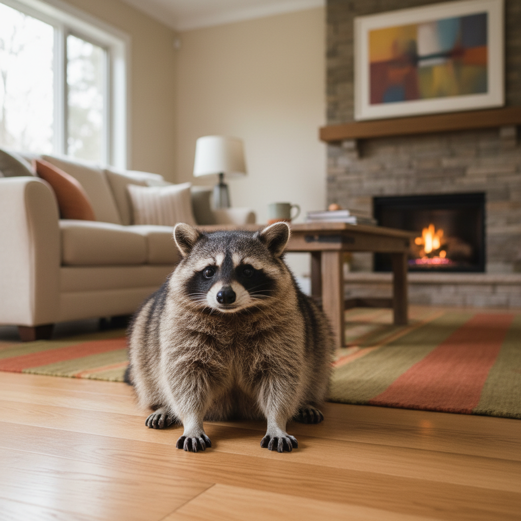 一只身材圆滚滚、带着黑色眼罩面具的小浣熊正两只前爪扒在木质地板上，好奇地盯着镜头，背景是温馨的客厅