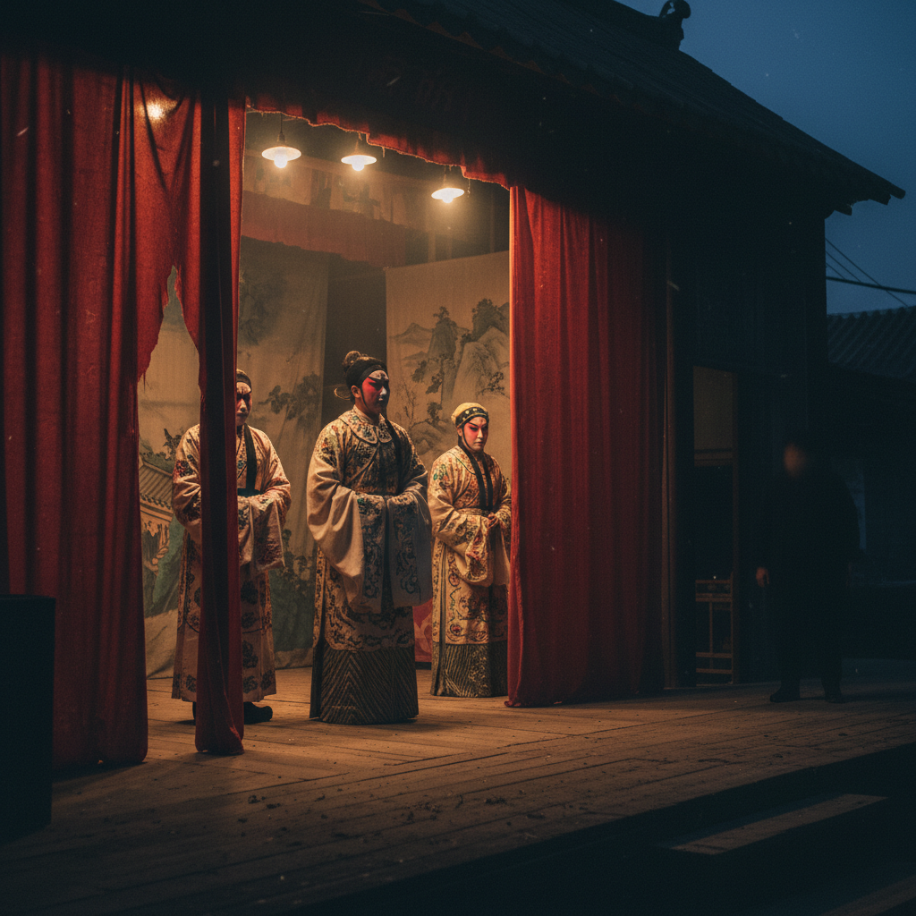 破旧的乡村戏台，昏暗的灯光下，几个画着京剧脸谱的演员在侧幕条后待场，阴影中似乎有一个模糊的多余人影