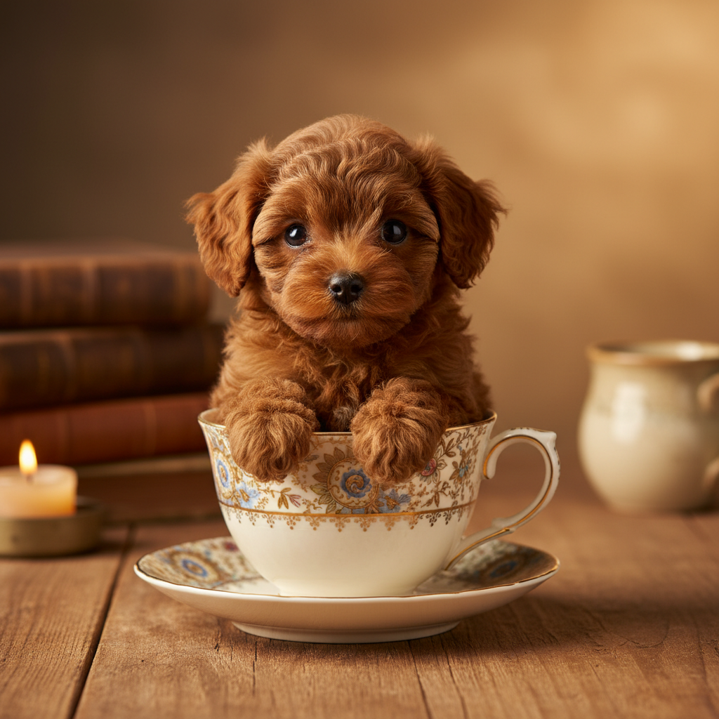 一只极其微小的棕色泰迪茶杯犬乖巧地坐在一只复古花纹瓷茶杯里,眼神湿润清澈,背景是温馨的木质桌面和暖色灯光