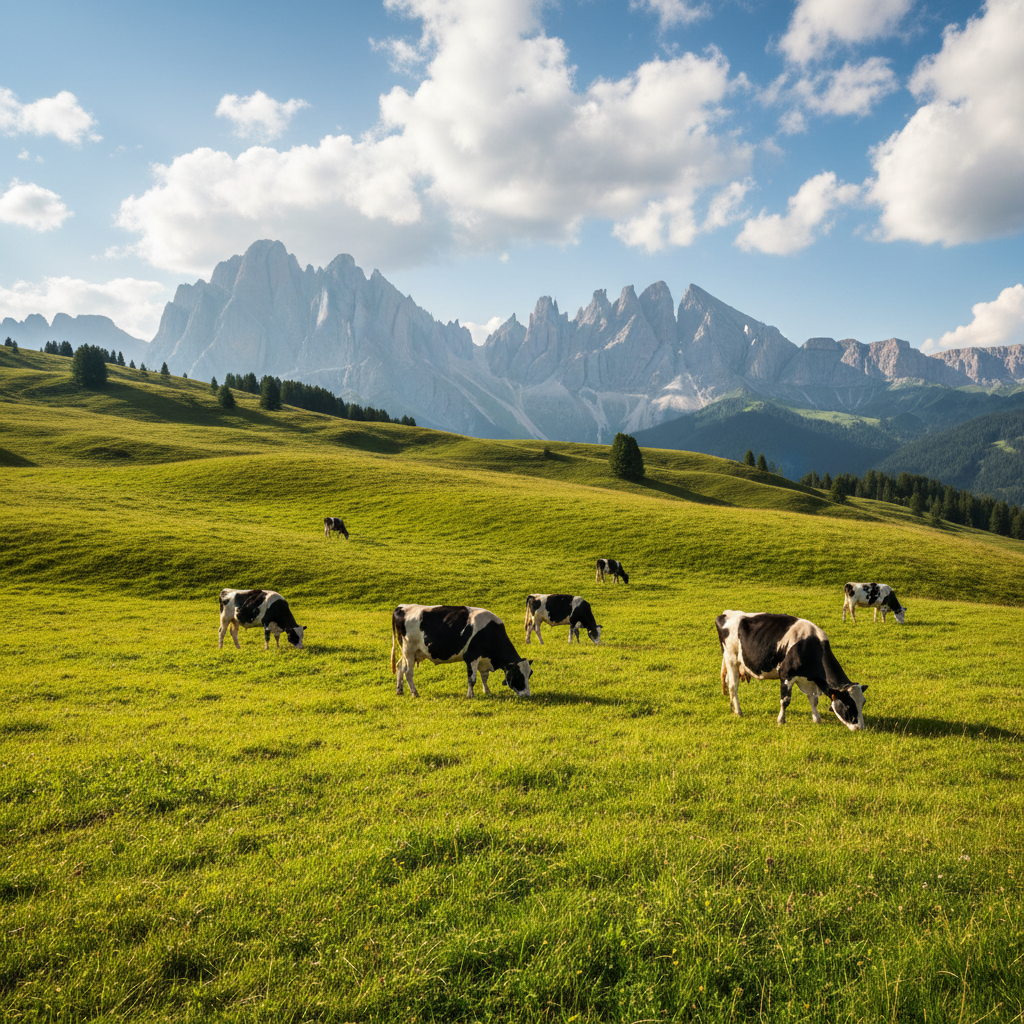 一片广袤翠绿的高山牧场，几头黑白相间的奶牛正在悠闲地吃草，远处是蓝天白云