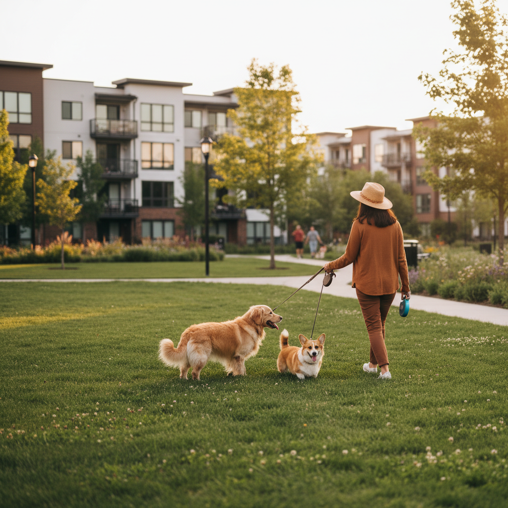 主人牵着金毛和柯基在小区草坪散步