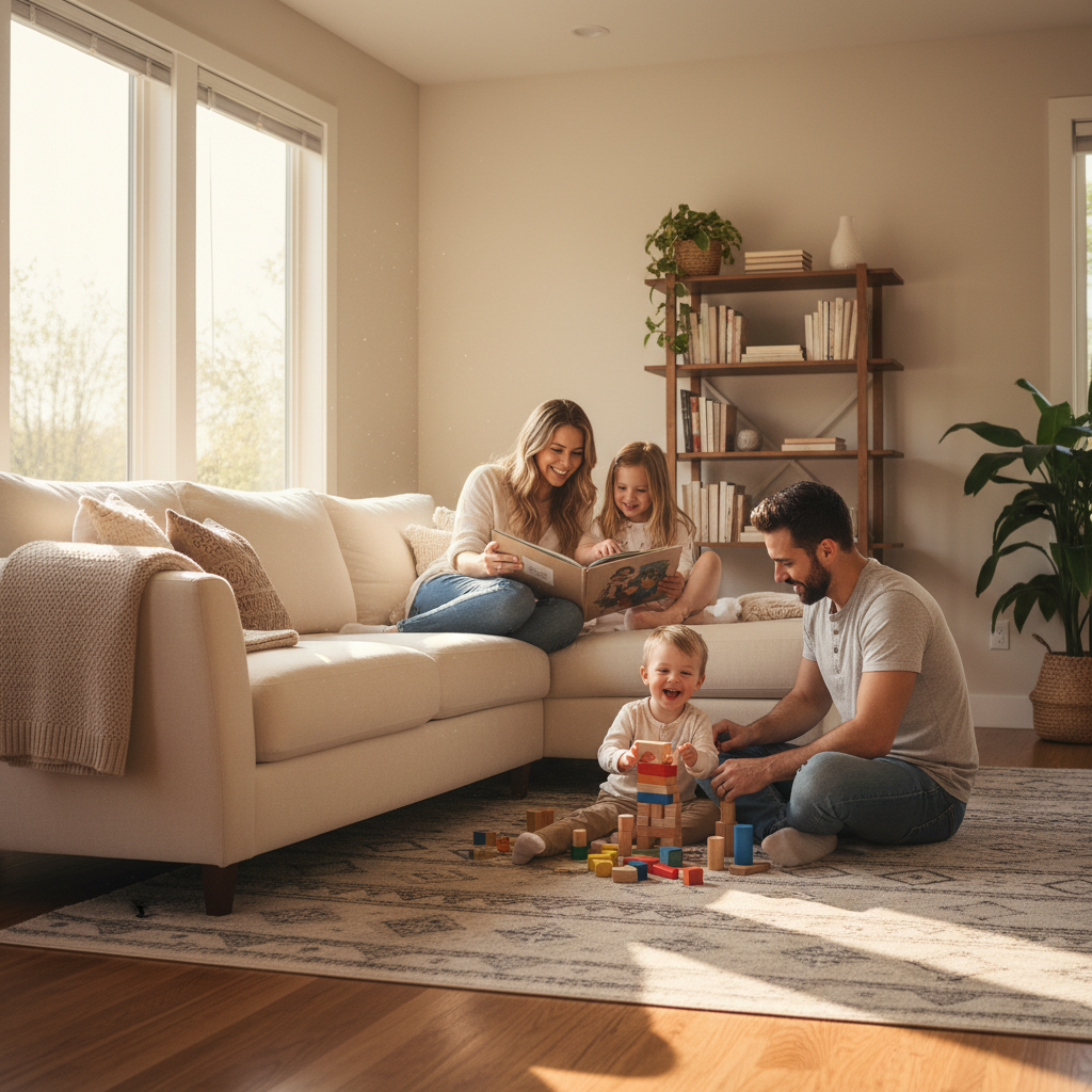 阳光洒在整洁的客厅里，一个温馨的三口之家正在沙发上阅读和玩耍，画面充满和谐与安全感