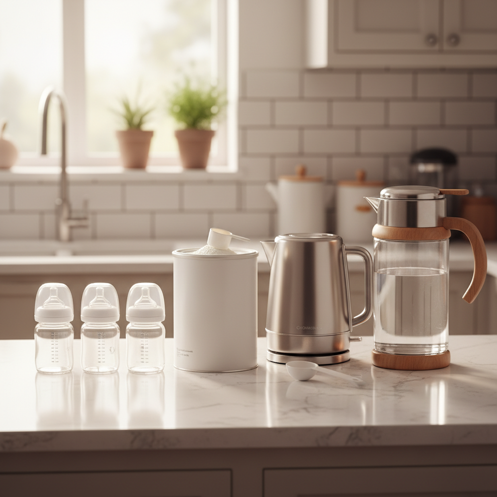 厨房台面上奶瓶奶粉勺和温水壶摆放整齐