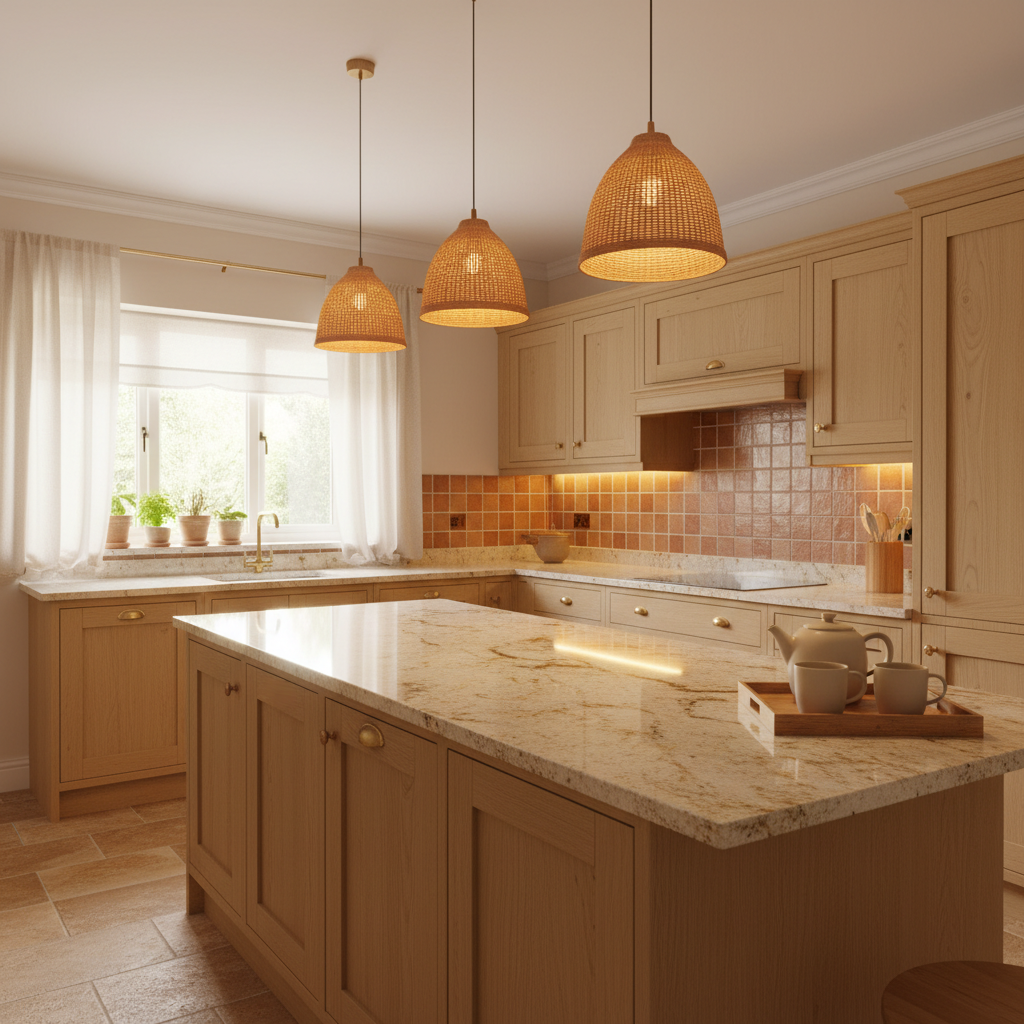 暖色厨房完工后台面整洁灯光柔和