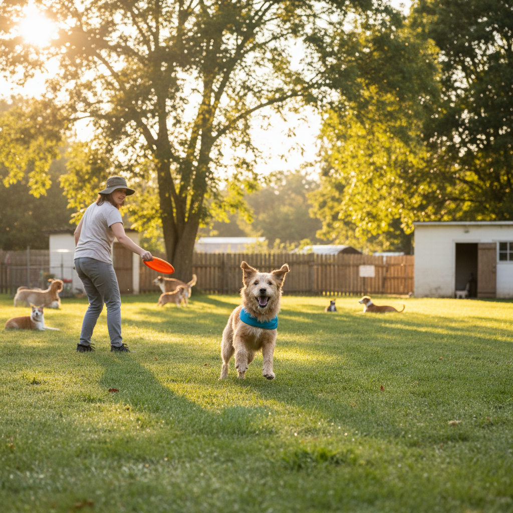 阳光洒在动物收容所的草坪上，一只穿着蓝色小背心的混血狗狗正开心地追逐着志愿者手中的飞盘