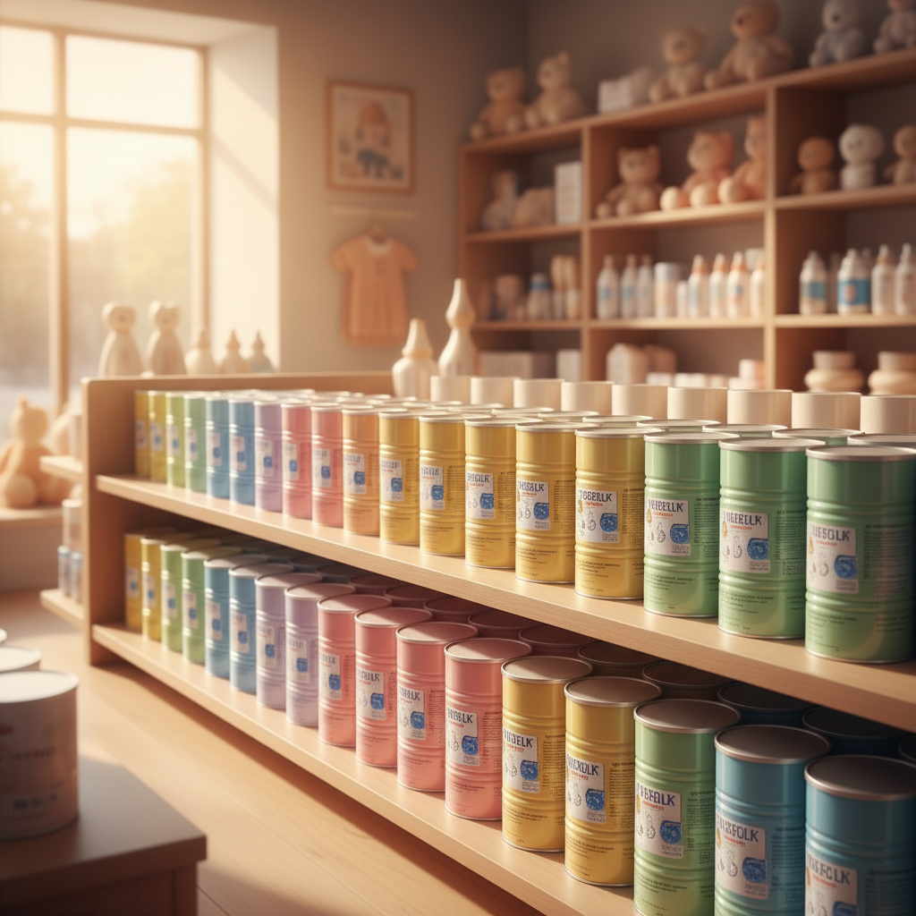 母婴店货架上不同颜色奶粉罐整齐排列