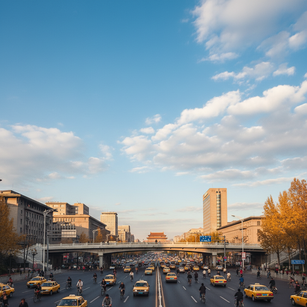 1994年秋季北京街头车水马龙，远处的建国门立交桥在阳光下显得庄严肃穆，蓝天白云映衬着繁华的都市景象