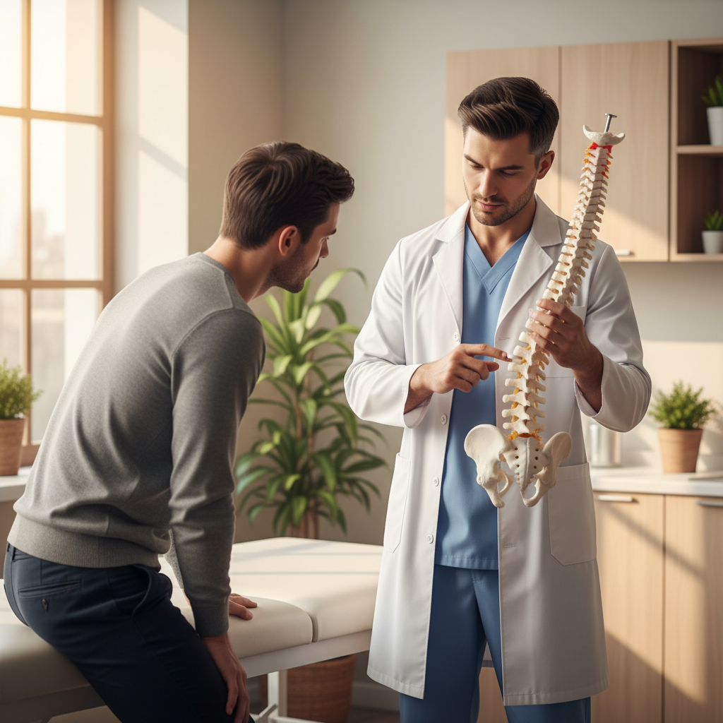 一名身穿白色大褂的医生在明亮的诊室里,手里拿着透明的脊椎骨骼模型,正指着其中一节腰椎向对面的男士进行讲解