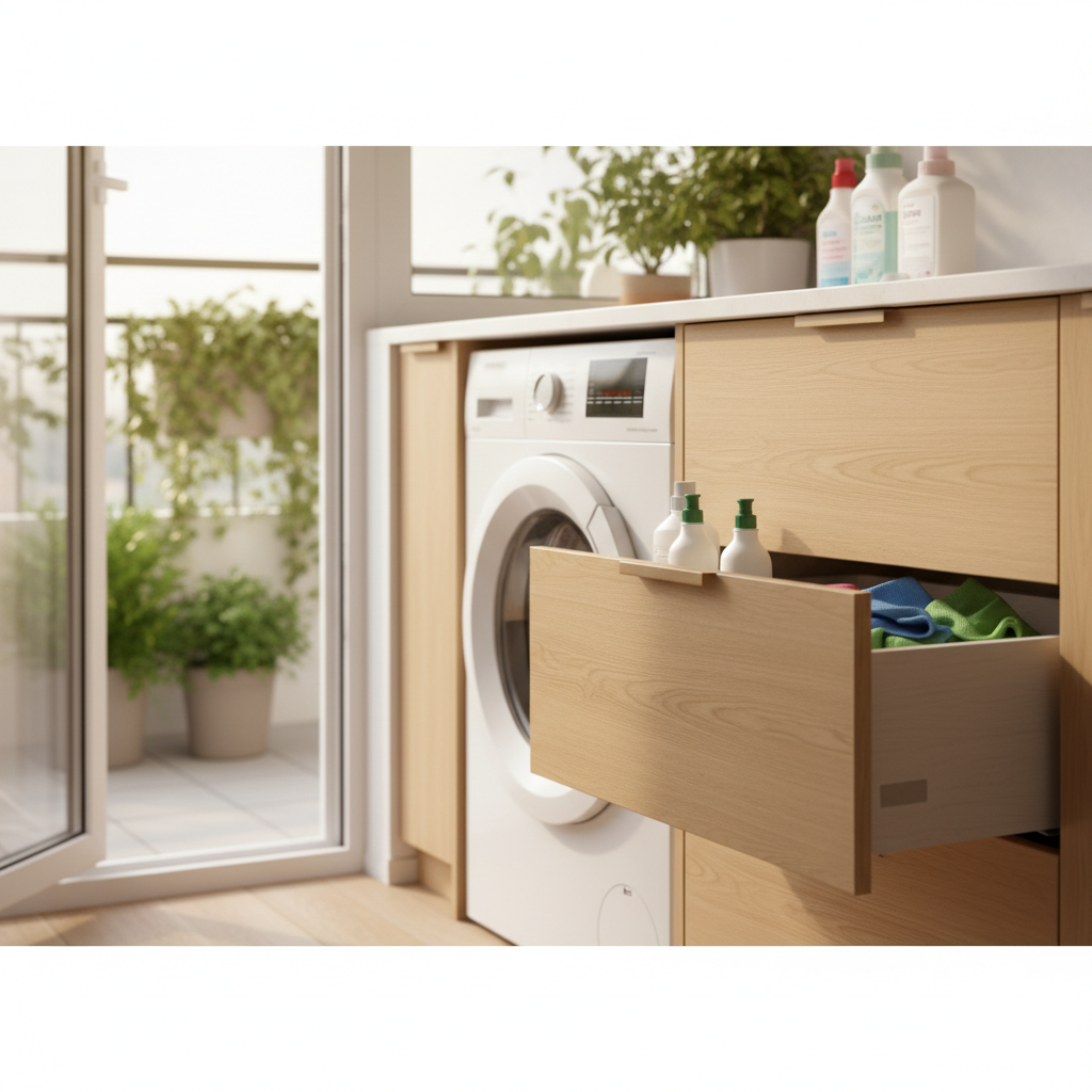 阳台一侧精密的家政柜细节图，内置嵌入式洗衣机，上方有收纳清洁用品的抽屉
