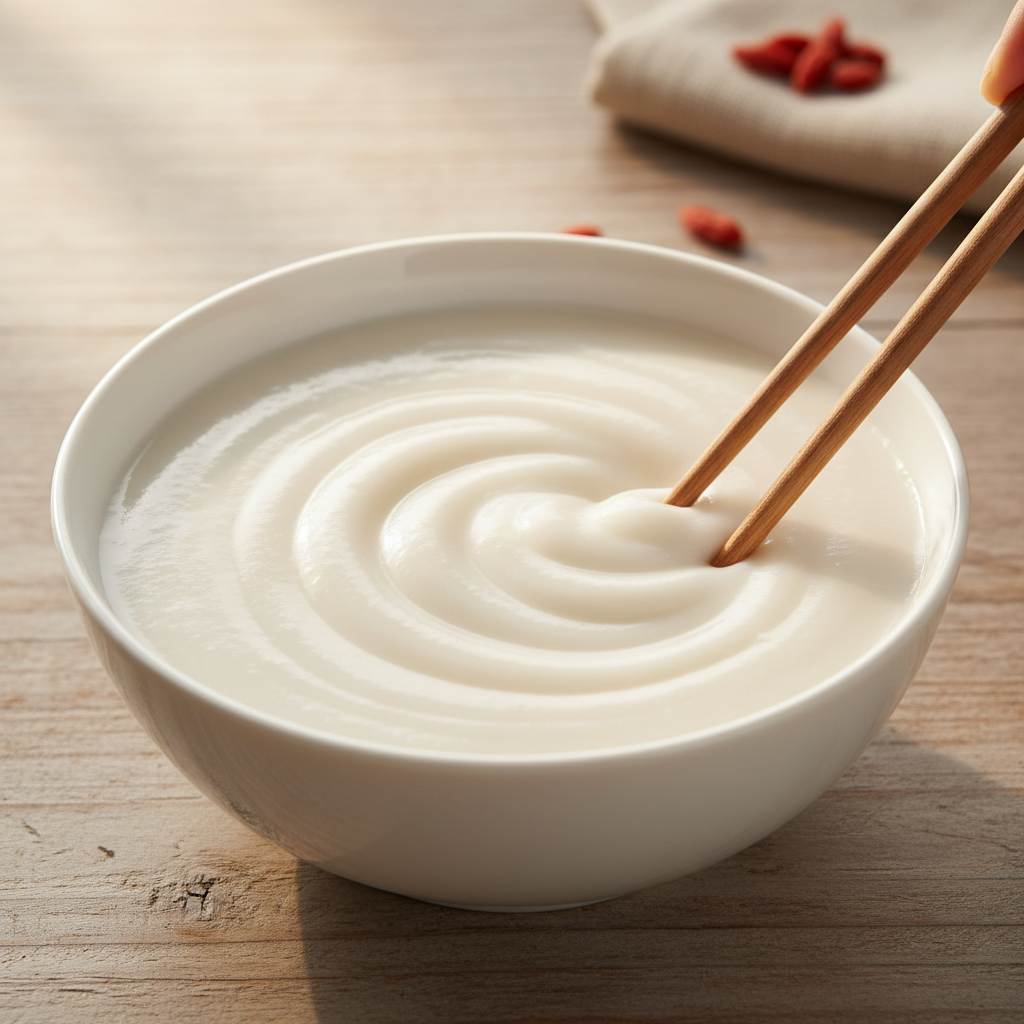 在干净的白瓷碗中，浓稠洁白的牛奶糯米糊正被木筷搅拌，呈现出丝滑无颗粒的质感