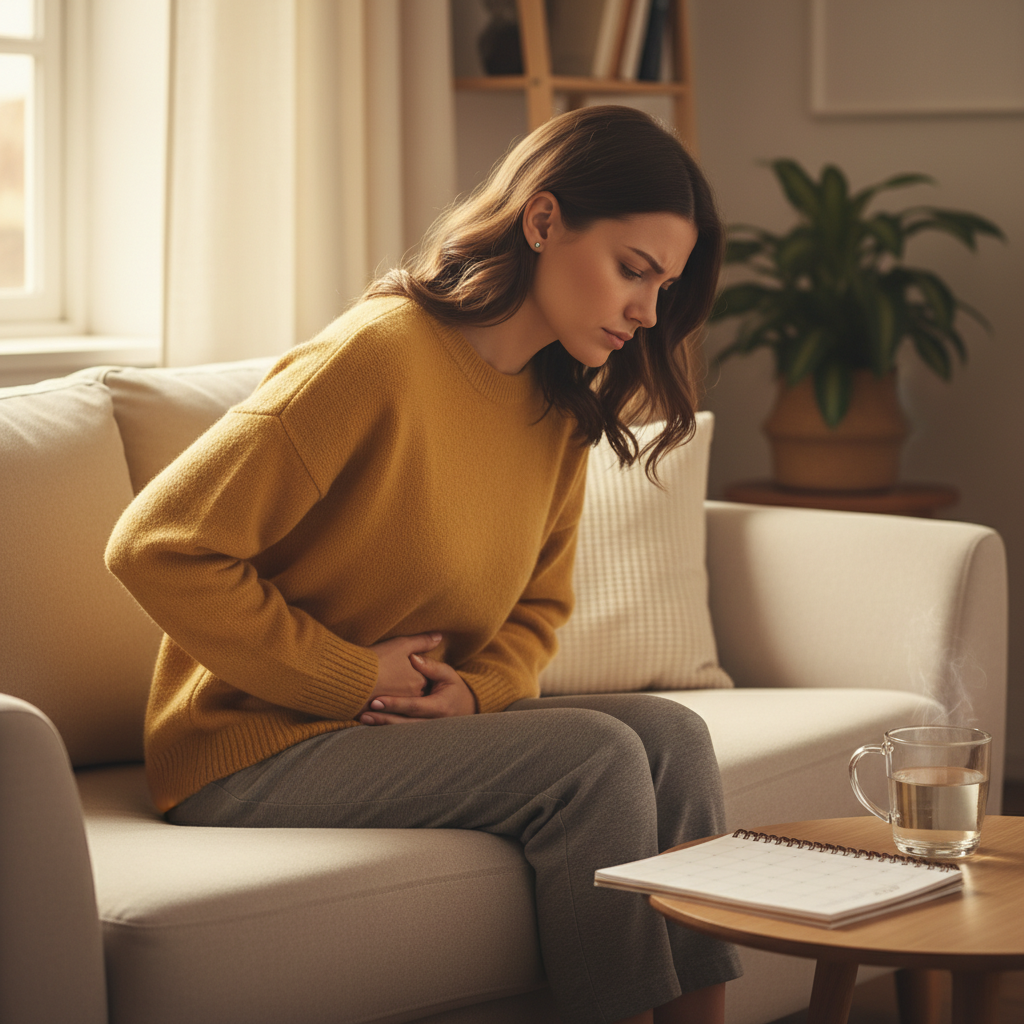 一个年轻女性坐在沙发上，微微皱眉抚摸着肚子，旁边桌上放着一杯温水和一本日历