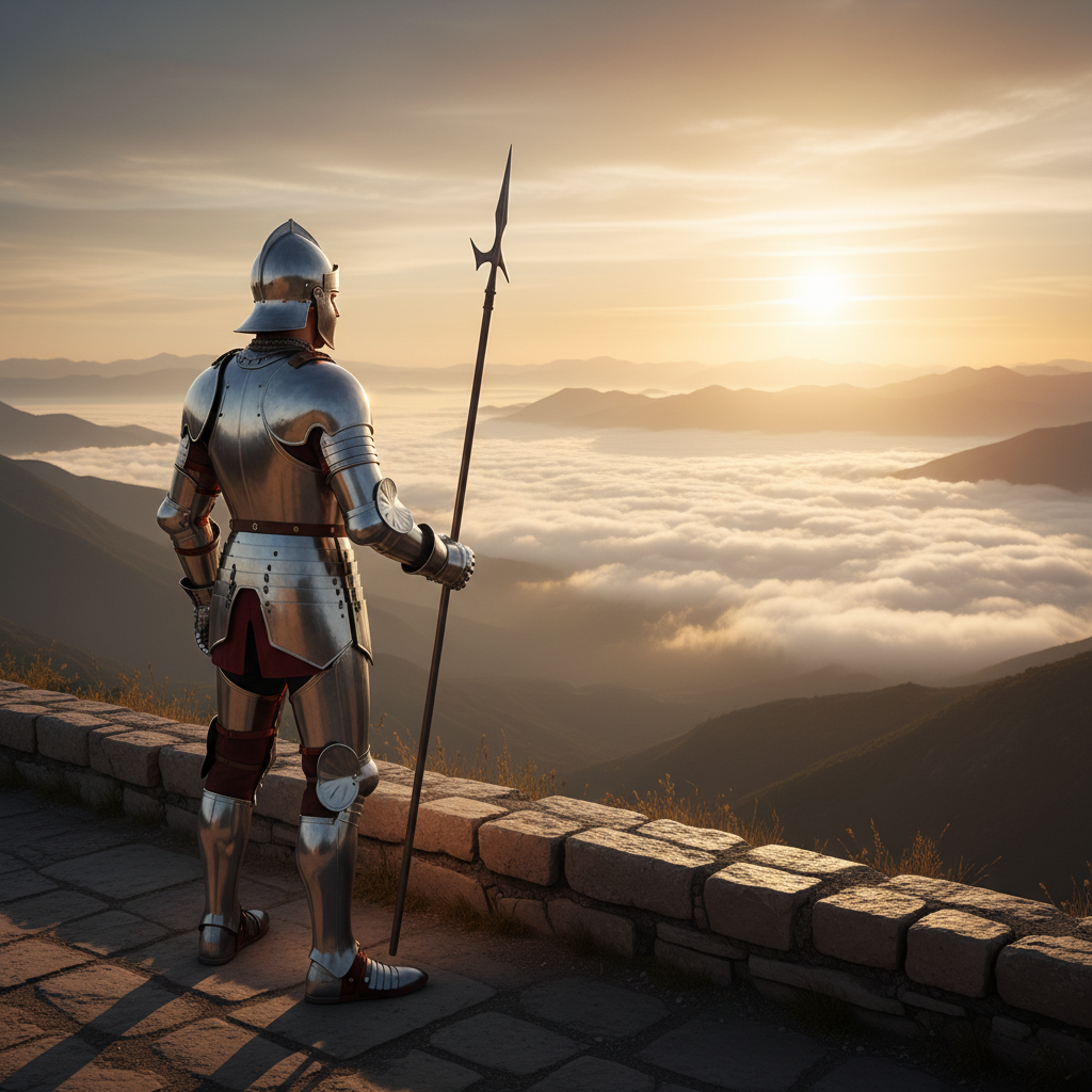 一位身披银甲的古代将军挺拔地站在城墙上，手握一杆细长如芦叶的镔铁长枪，远眺着边关的落日与云海
