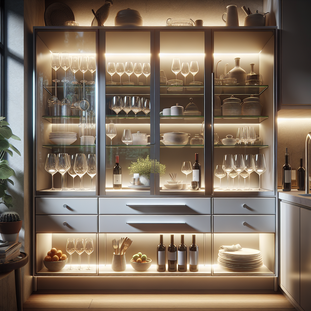 玻璃橱柜灯带与器皿陈列效果图