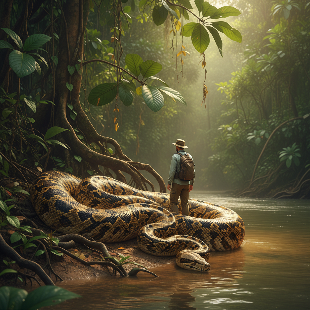 潮湿雨林河岸上一条网纹蟒盘在树根旁对比成年人身高