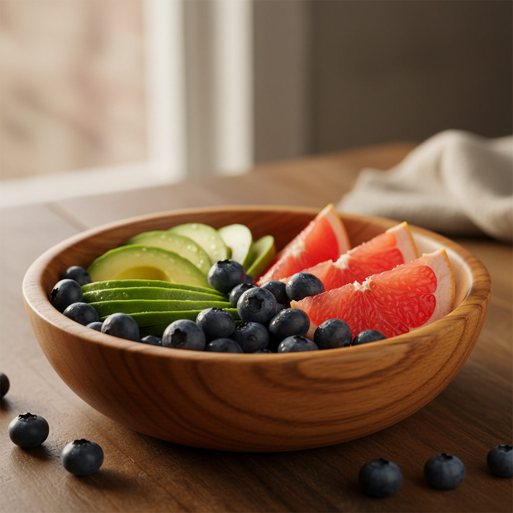 一个精致的木质果盘里错落有致地摆放着蓝莓、切片的牛油果和几瓣红肉西柚