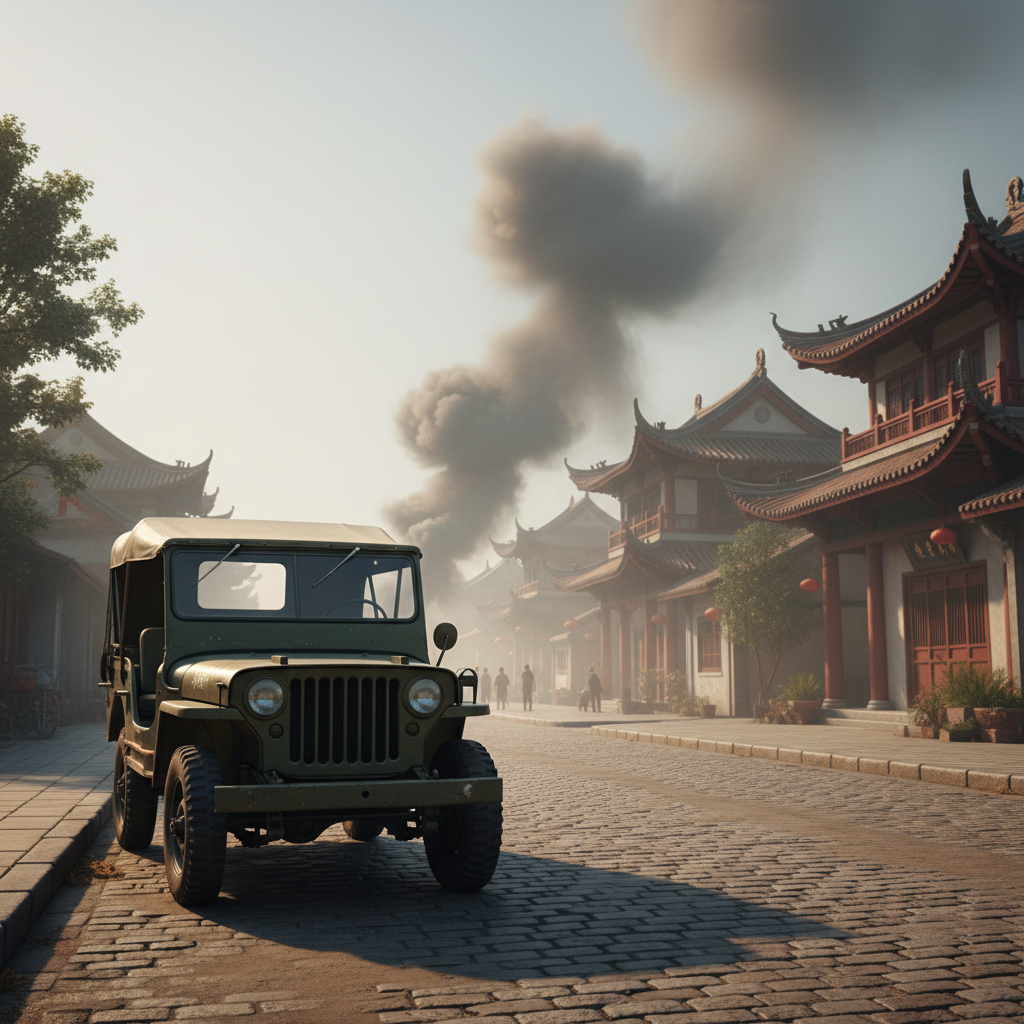 九十年代的街道上，一辆草绿色的军用吉普车停在路边，远处烟雾缭绕，气氛紧张凝重