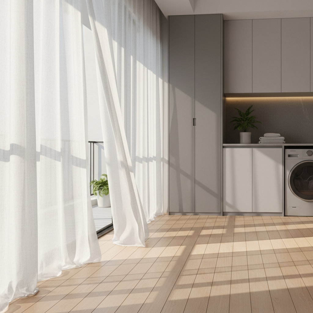 阳光洒在打通后的阳台地面，白色纱帘轻拂，旁边是一组极简风的灰白色家政柜