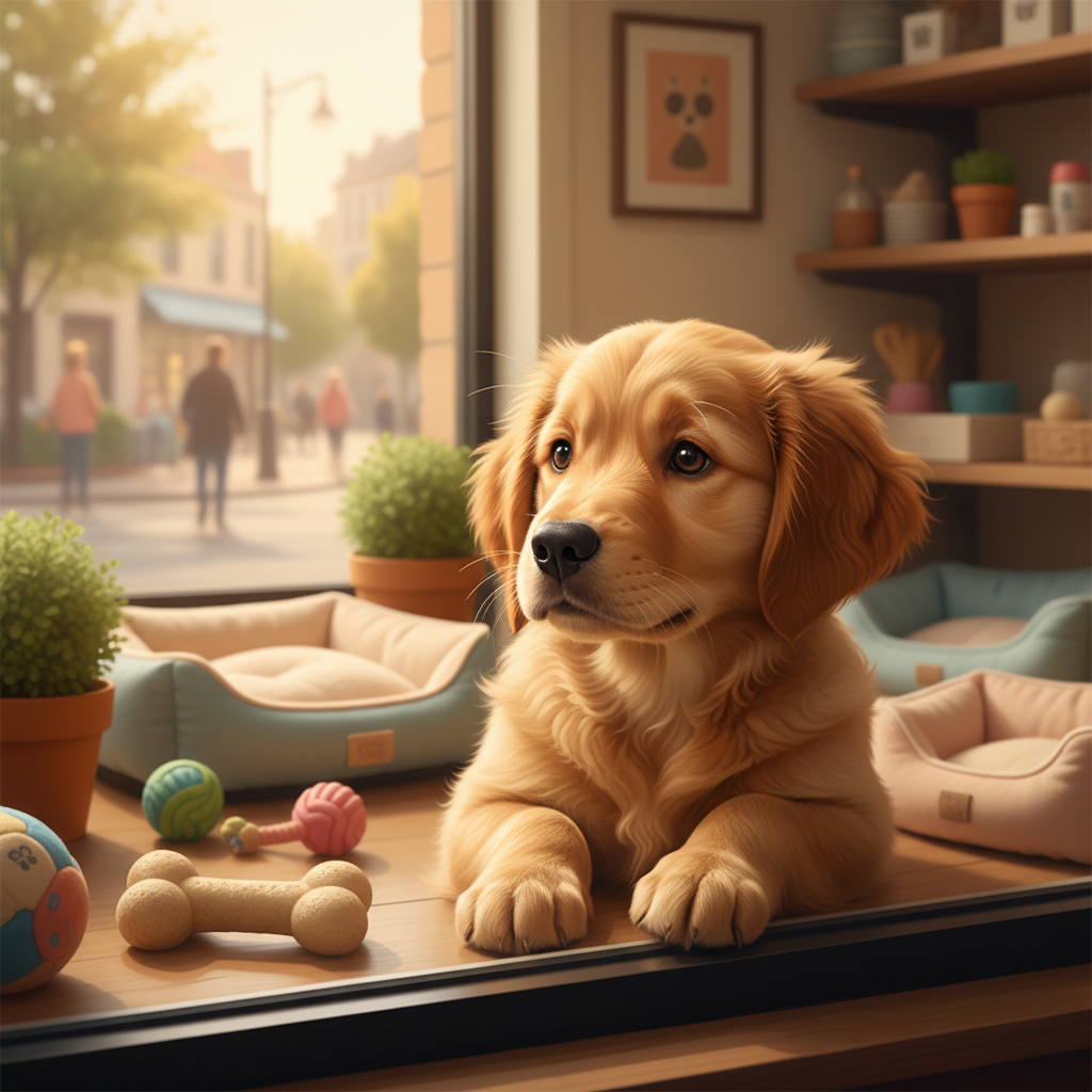 在温馨整洁的宠物店橱窗里，一只金毛幼犬正好奇地趴在玻璃上，眼神清澈地望着外面