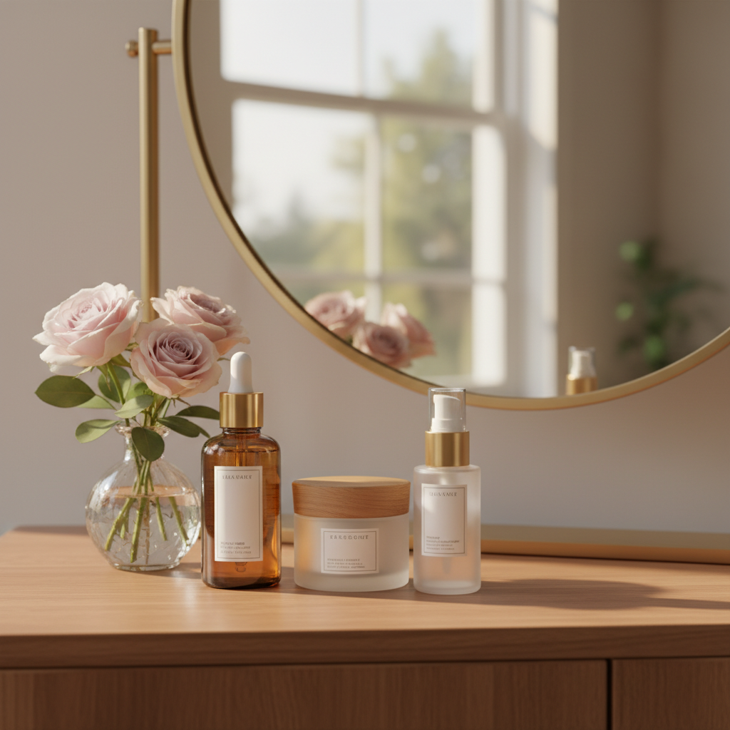 暖色调的化妆台上摆放着精致的精华液瓶和护肤品，背景是一面映照着阳光的圆镜和一小束淡粉色的玫瑰