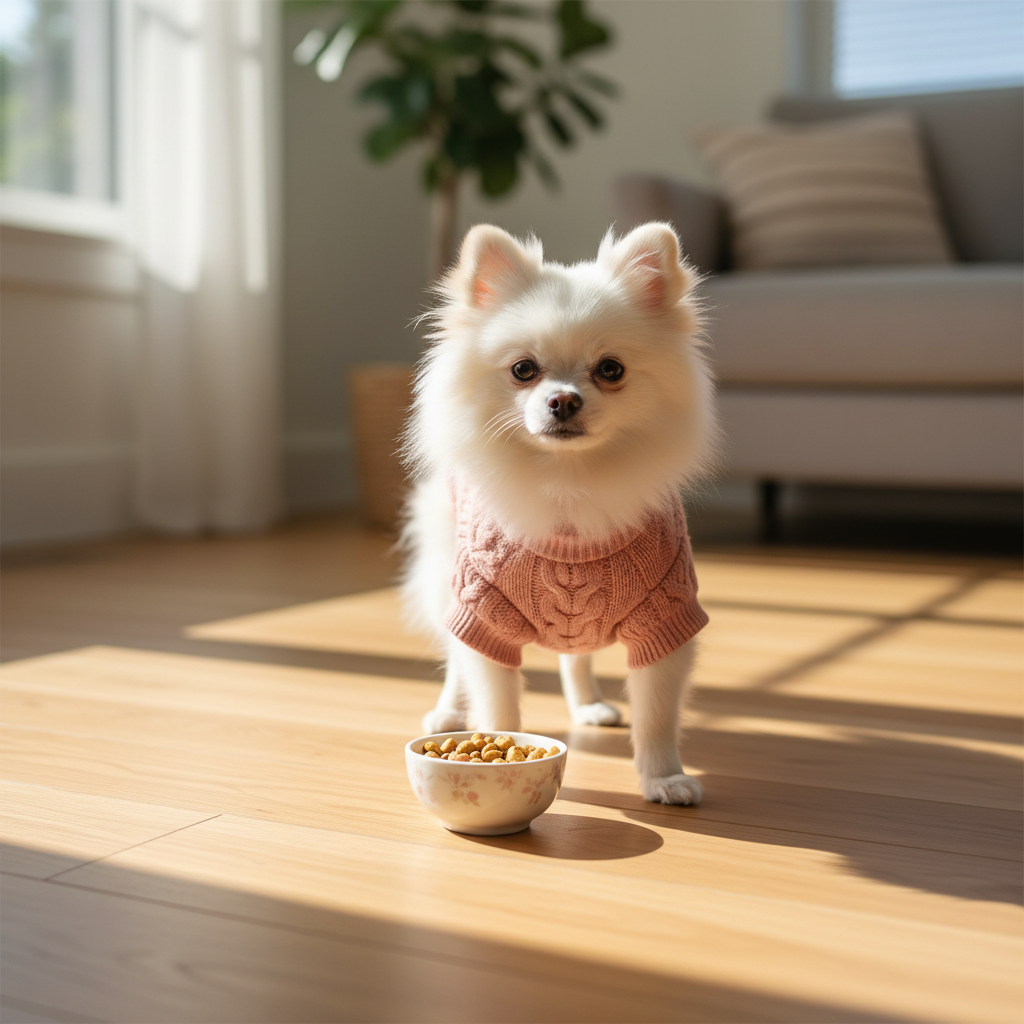 一只穿着粉红色精致针织毛衣的白色迷你茶杯犬，站在浅色实木地板上，旁边放着一个只有碗口大小的小食盆，阳光洒在它身上