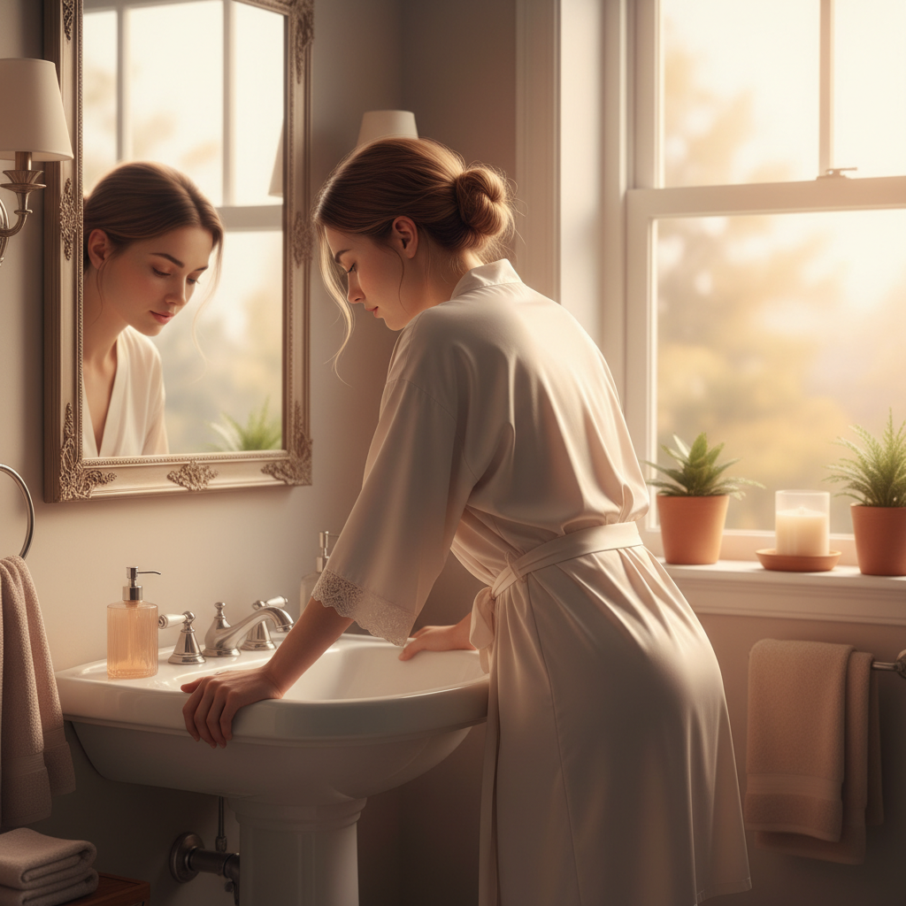 清晨的洗手间里，一名穿着真丝睡袍的女性正对着洗手池轻微干呕，镜子里映出她略显苍白但柔和的脸庞