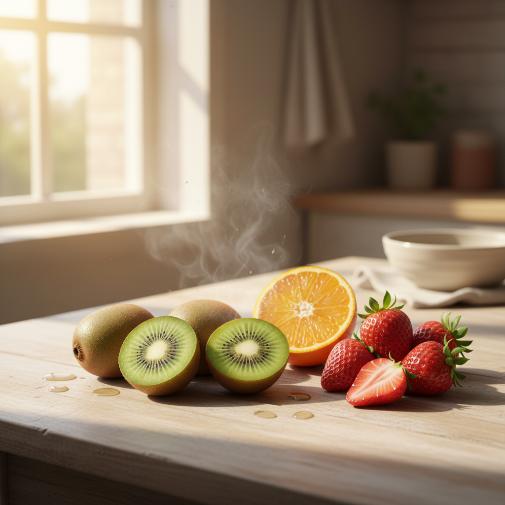 切开的翠绿猕猴桃散发着清香，旁边放着几颗鲜红多汁的草莓和半个剥开的橙子