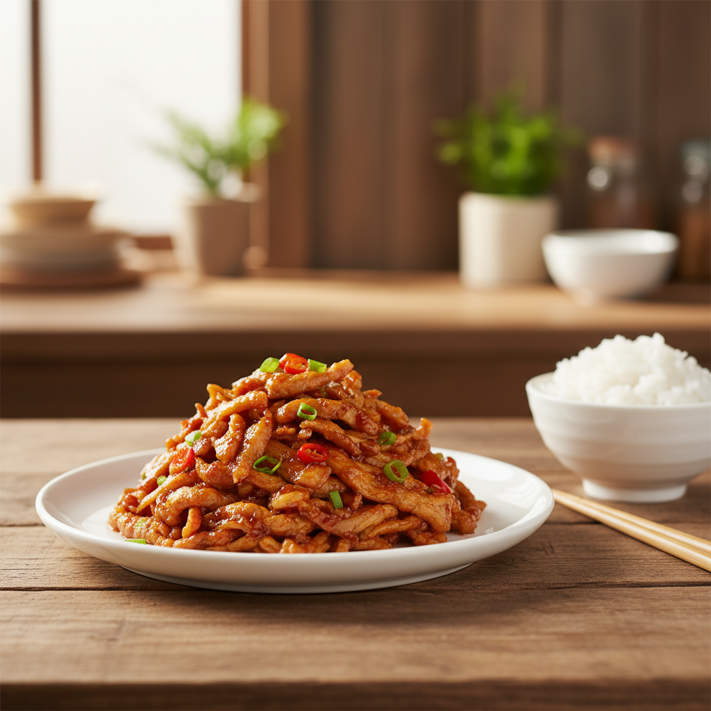 白瓷盘里红亮的鱼香肉丝堆成小山，旁边放着一碗米饭和竹筷