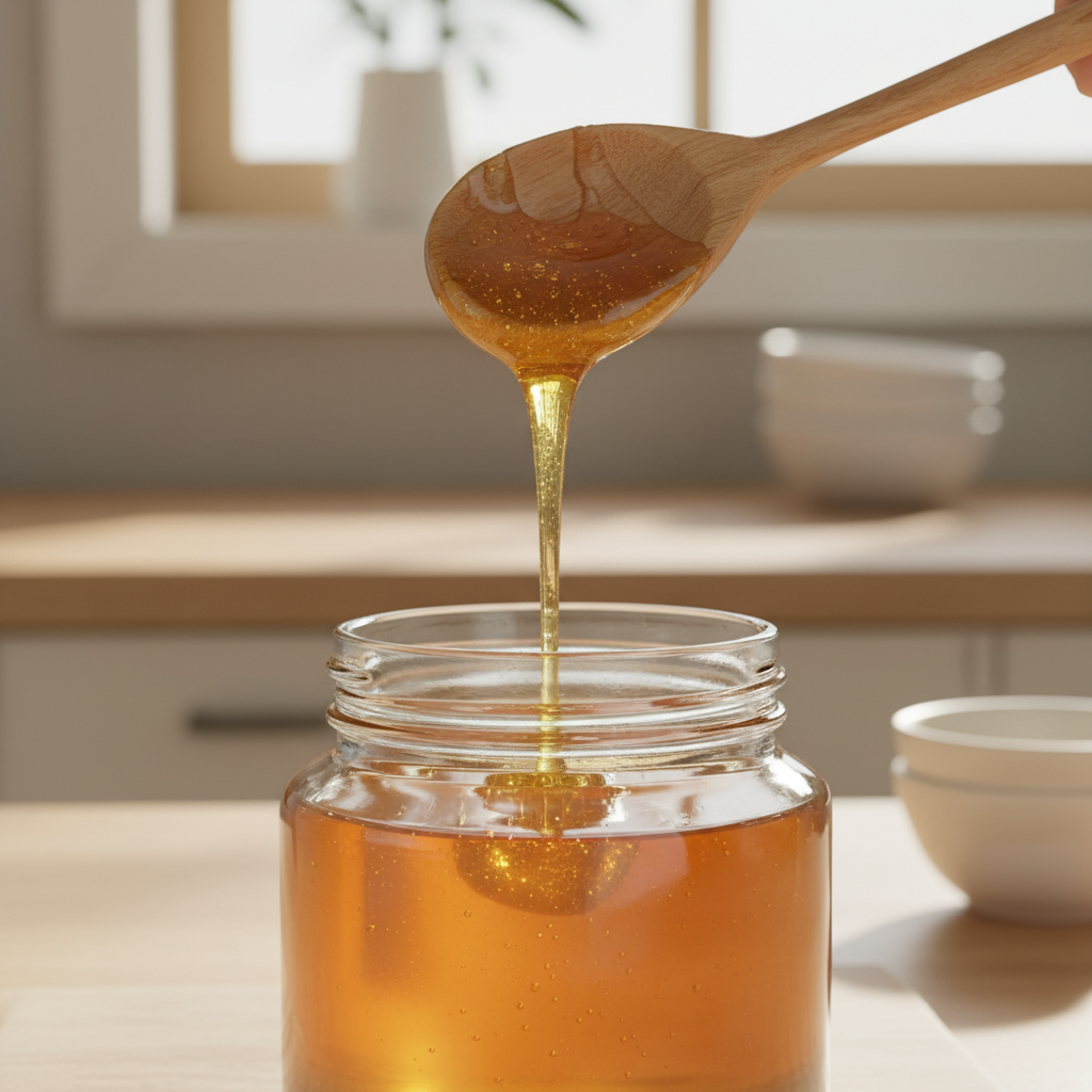 一只剔透的木质勺子从透明玻璃罐中舀起金黄浓稠的蜂蜜，拉出细长晶莹的丝线，阳光穿透蜂蜜闪烁着柔和光泽