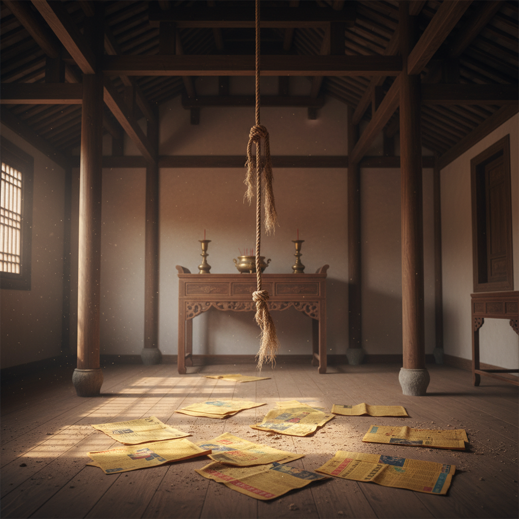 昏暗的旧式堂屋内部,高高的房梁上垂下一截断掉的麻绳,地上散落着旧报纸和灰尘