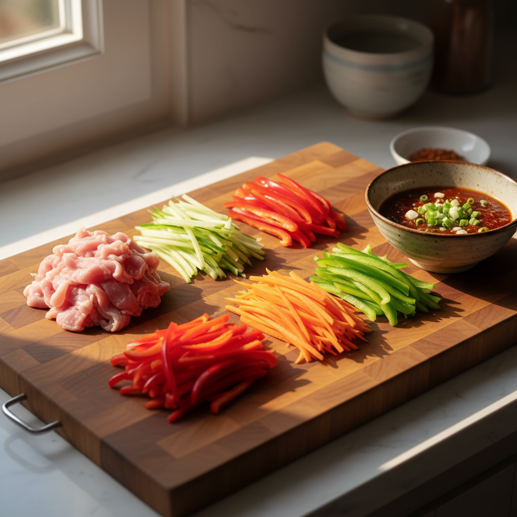 案板上整齐摆着猪肉丝木耳丝胡萝卜丝和青红椒丝，旁边有调好的鱼香汁