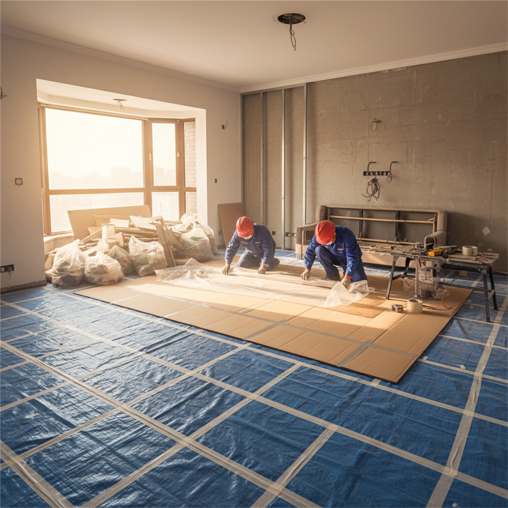 北京小区客厅拆改现场工人铺好地面保护