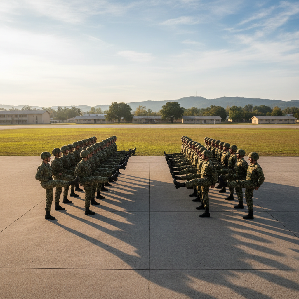 宽阔的部队操场上，两列整齐的士兵正在进行正步训练，阳光斜射在绿色的军装上，影子拖得很长