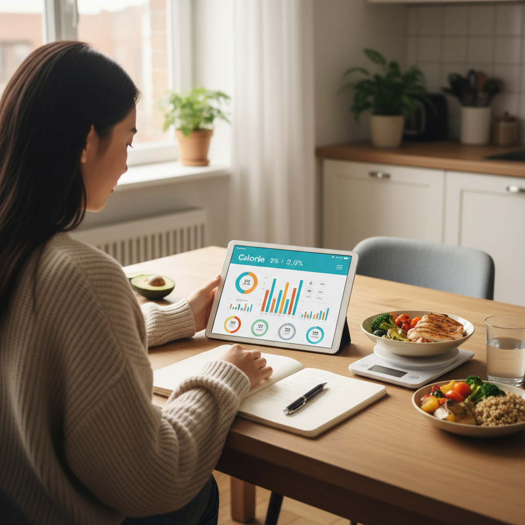 年轻女子在餐桌前记录晚餐热量和体重