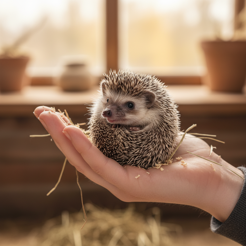 一只小巧的非洲迷你刺猬蜷缩在主人的手掌心里，粉嫩的小鼻子在嗅闻，周围散落着一些干草和木屑