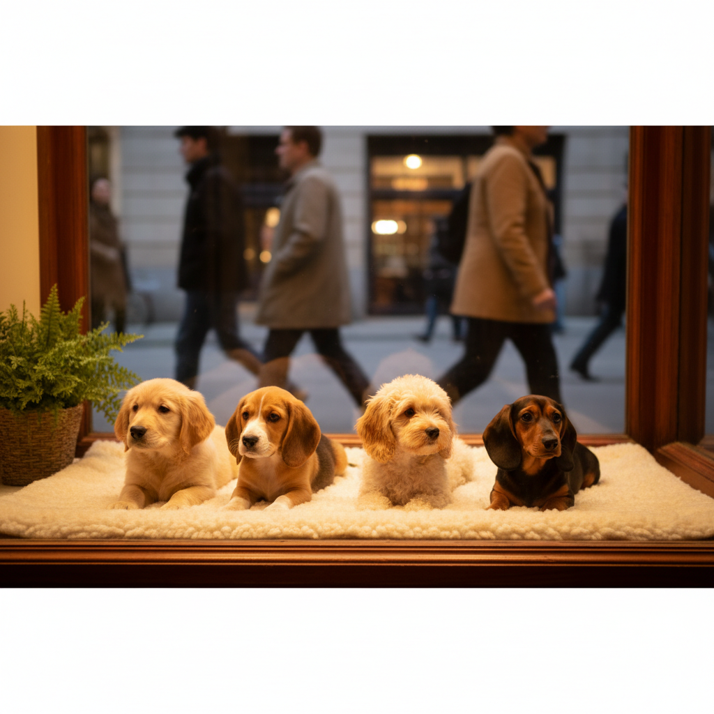 宠物店橱窗里几只幼犬趴在浅色垫子上看人