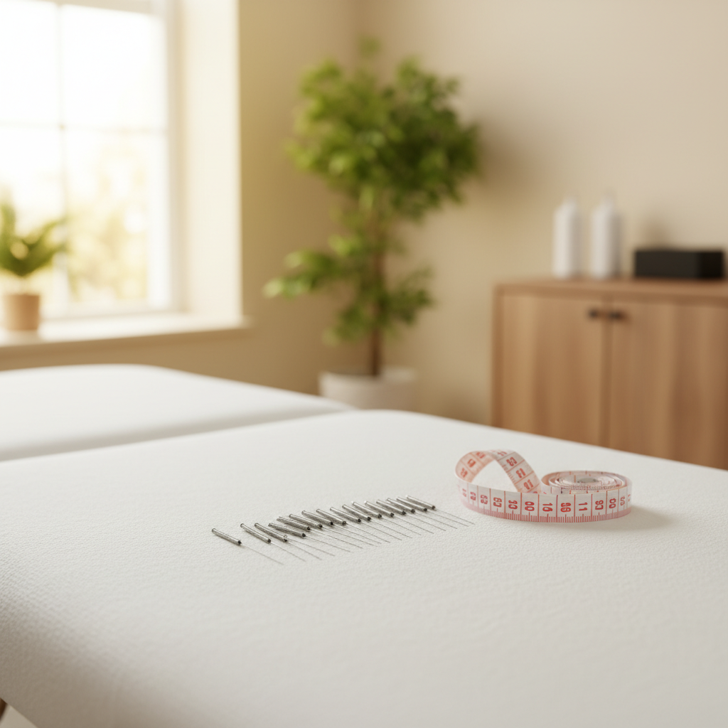 诊室里银针和腰围尺放在白色治疗台上