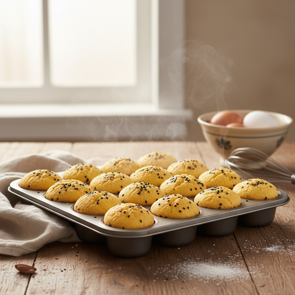 刚出炉的黄澄澄鸡蛋糕整齐排列在烤盘里,顶部微微开裂并撒着黑芝麻,冒着热气