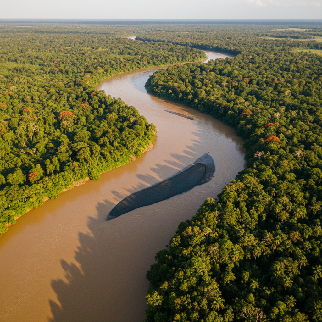 直升机俯拍浑黄河面上蜿蜒黑影旁有绿色雨林