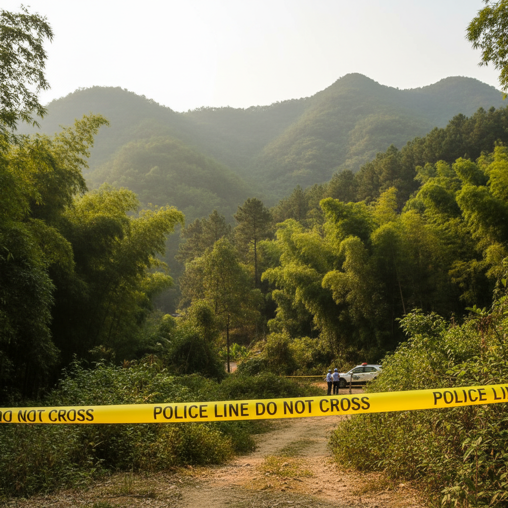 警方在案发现场拉起的黄色警戒线，周围是郁郁葱葱的巴南农村山林景色