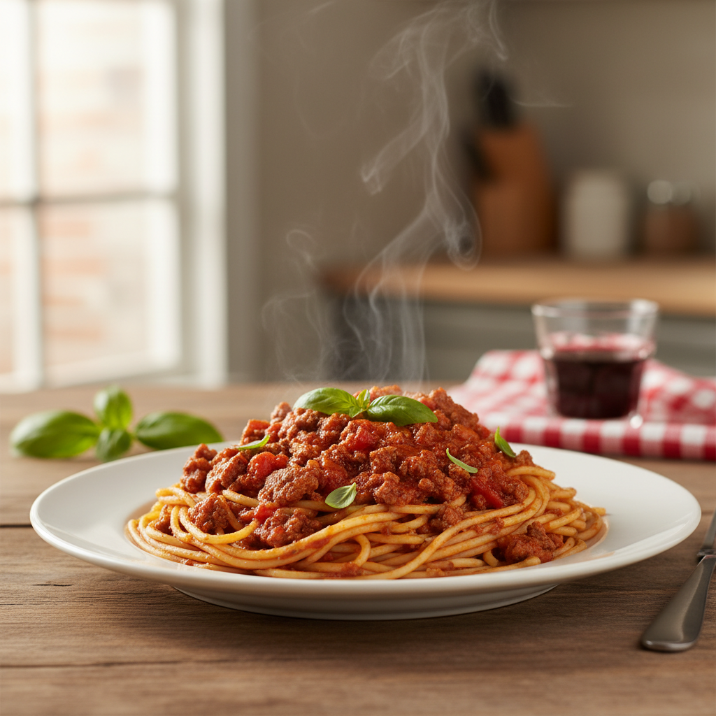 一盘冒着热气的番茄肉酱意大利面，浓郁的红褐色酱汁挂满面条，顶端撒着少许新鲜绿罗勒叶