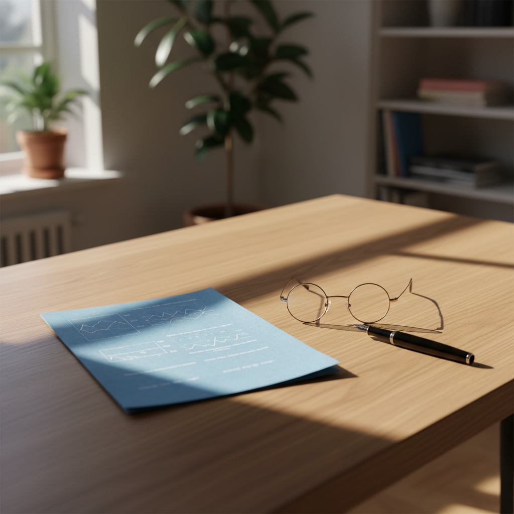 一张干净的木质桌面上摆放着一份蓝色的医学化验单，旁边放着一副金属边框眼镜和一支黑色钢笔