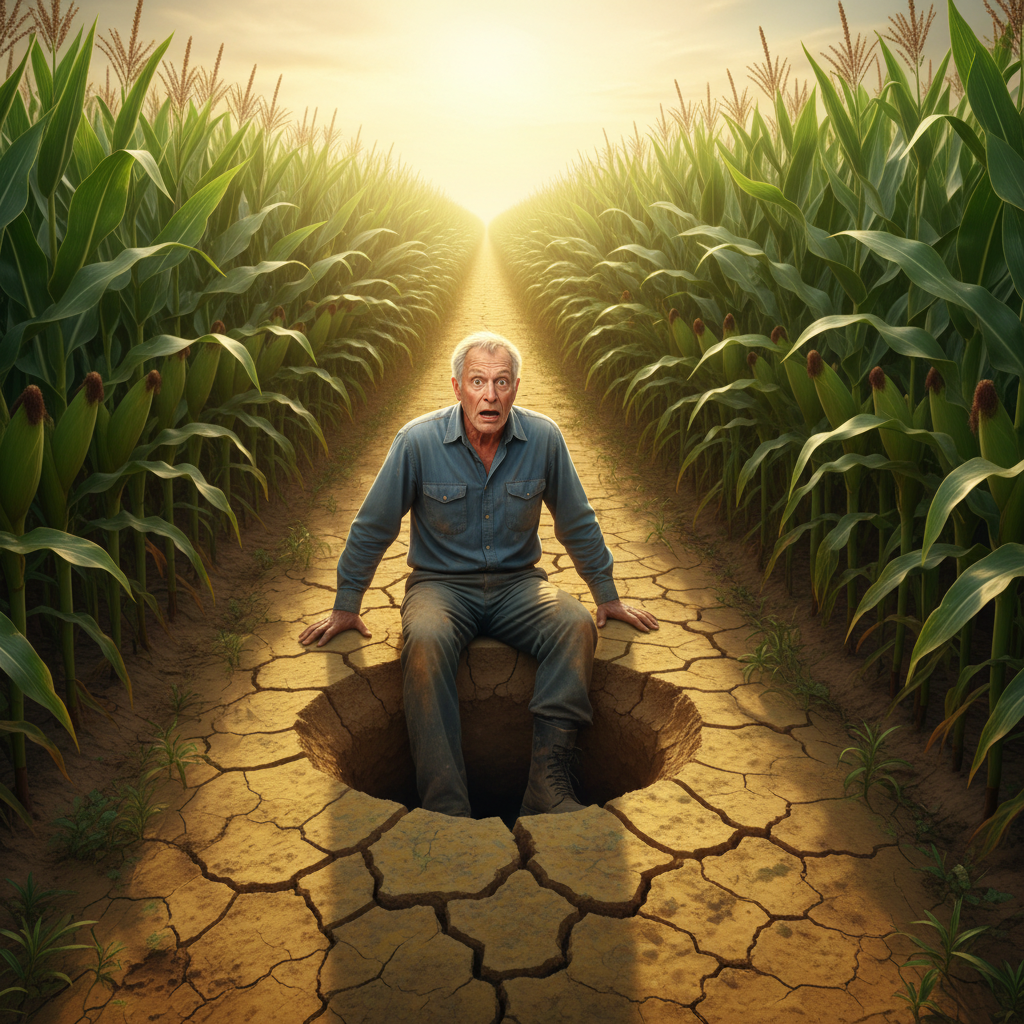 一个老汉惊恐地坐在开裂的黄土地边，一条腿陷入地洞中，周围是茂密的玉米地和刺眼的阳光