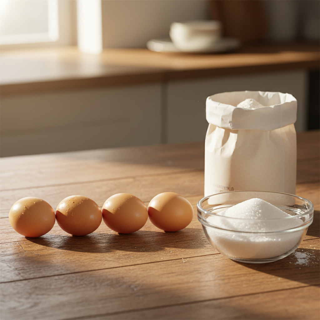 五个金灿灿的新鲜鸡蛋整齐摆放在木纹桌面上,旁边是一碗洁白细腻的白砂糖和一袋面粉