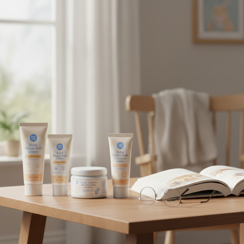 书桌上摆放着四五支不同品牌的宝宝护臀霜,有软管装也有罐装,旁边是一本打开的育儿手册和一副眼镜