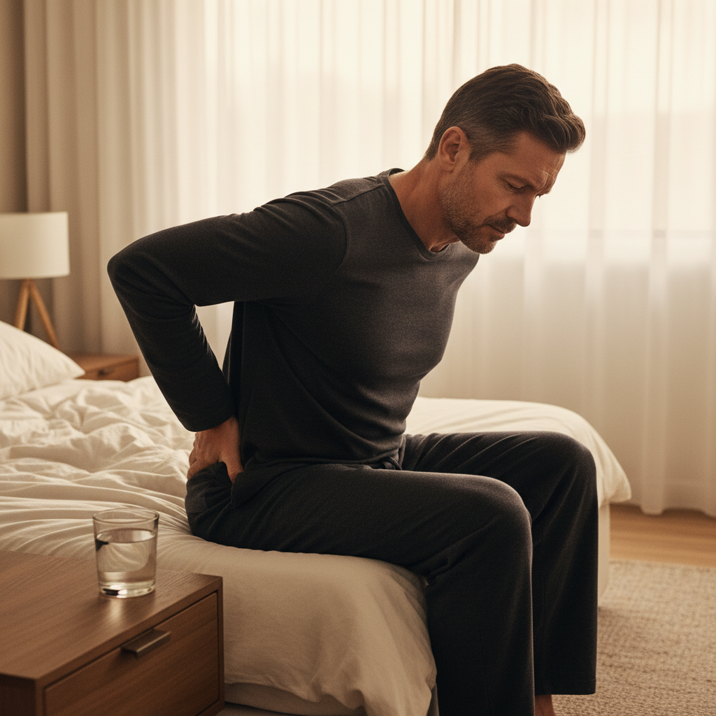 一个穿着深色睡衣的男中年人半坐在床边,双手用力叉着后腰处,眼神中透着疲惫和无奈,床头柜上放着半杯温水