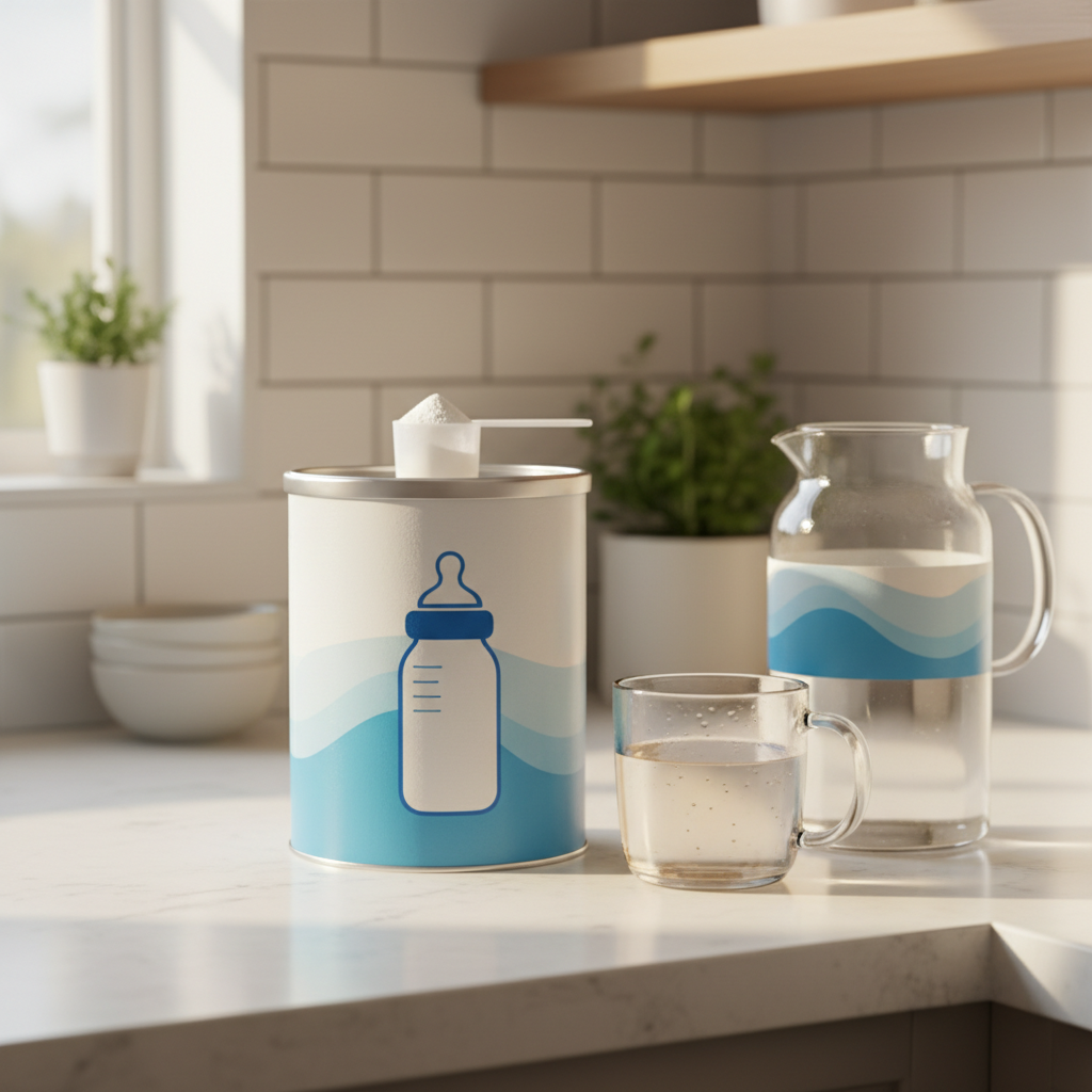 厨房台面上摆着奶粉罐量勺和温水杯罐身有蓝白色标签