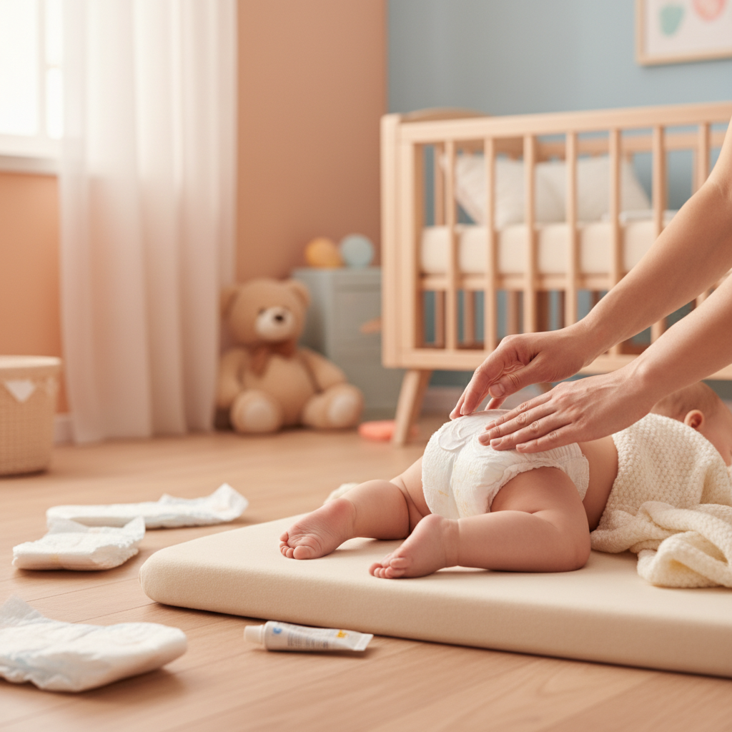 一双温柔的手正在给趴在床上的婴儿涂抹厚厚的白色护臀霜,背景是温馨的浅色婴儿床和散落的纸尿裤