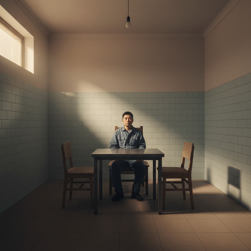 昏暗的审讯室内，白宝山面无表情地坐在木质审讯椅上，背后是冰冷的白瓷砖墙