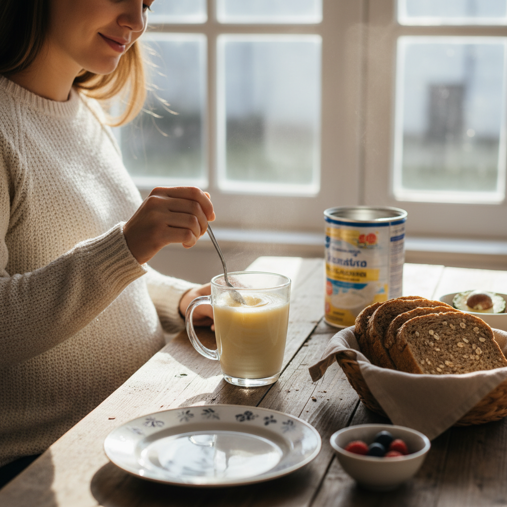 孕妈在早餐桌前冲调一杯浅黄色奶粉旁边有全麦面包
