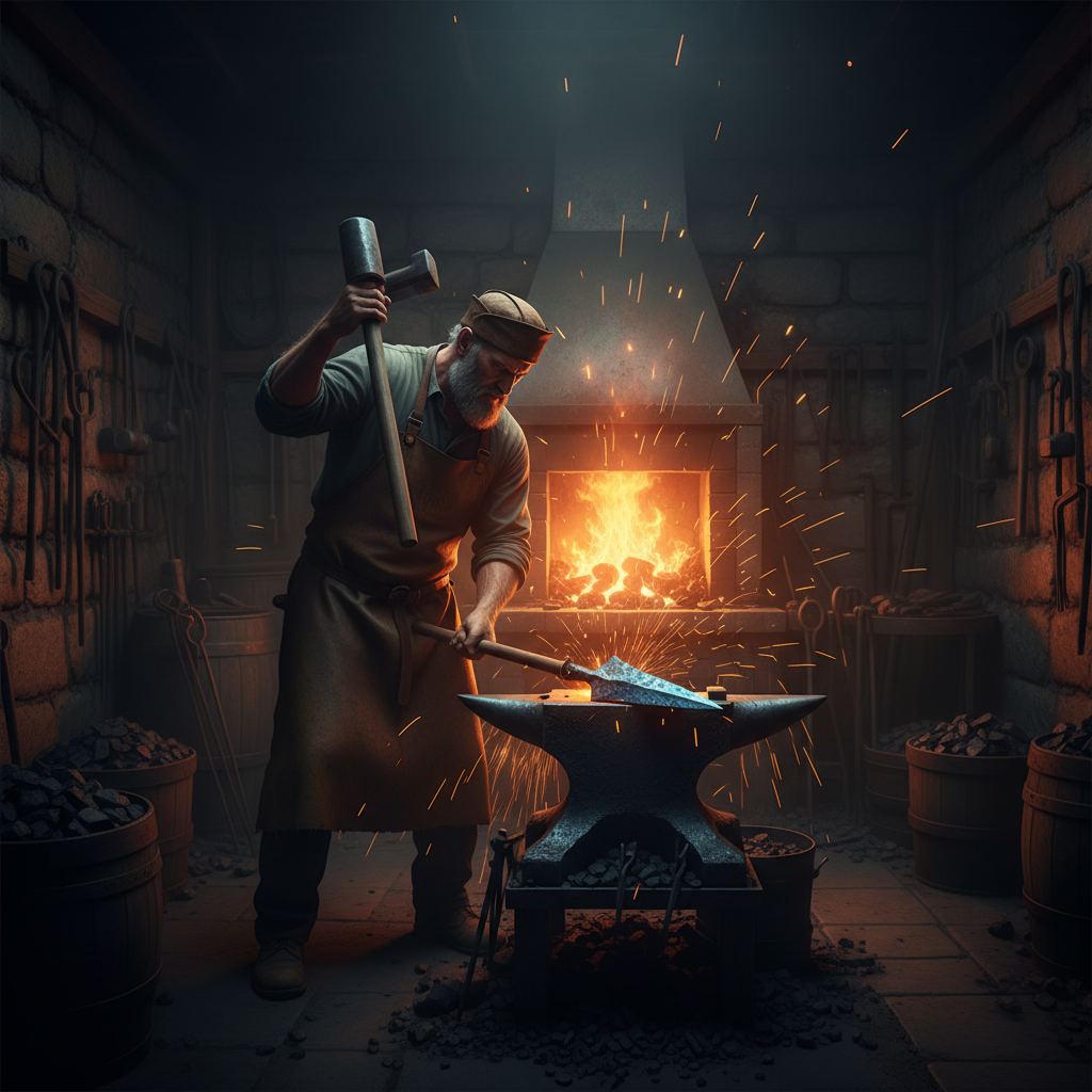 昏暗的古代铁匠铺里，炉火通红，一名老工匠正在挥锤锻造一截散发着寒光的黑色陨铁枪头，火星四溅